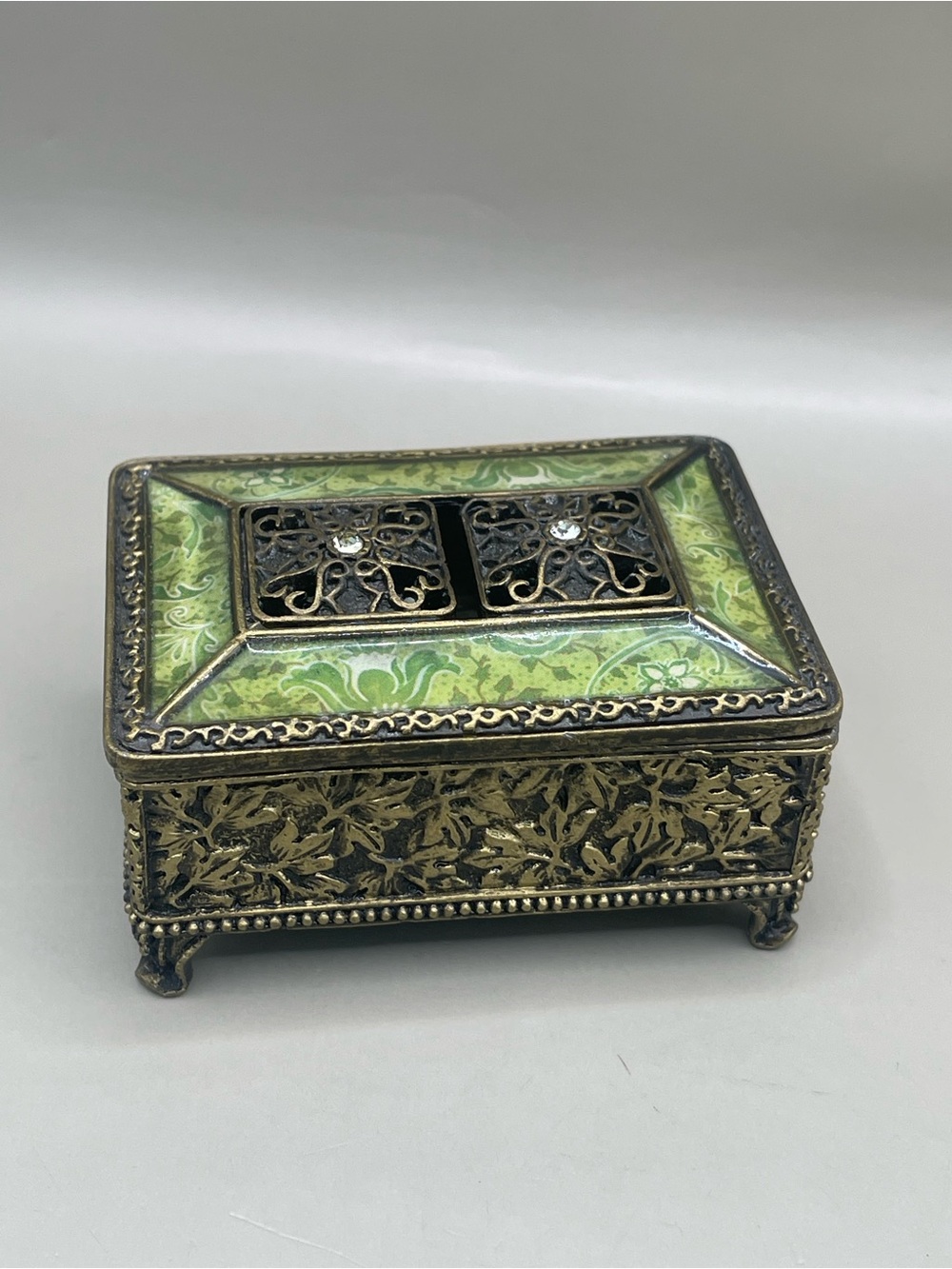 Vintage Ornate Brass Tone Green Enamel Rhinestones Trinket Jewelry Box w/ Lid